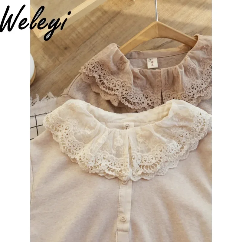 Sweet Double Lace Collar Stretch Bottoming Shirt Woman 2025 Spring Girly Long Sleeve Cotton Blended Pullover Under Wear T-shirt