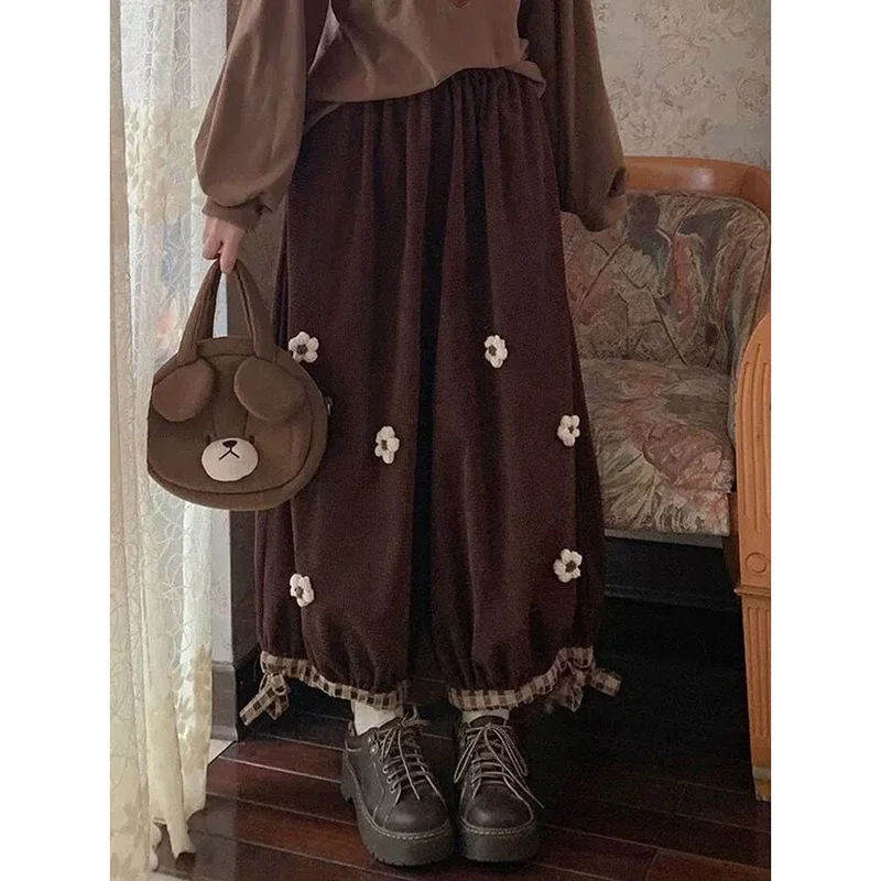 Vintage Thick Corduroy Pant Women Fall Winter Cute Plaid Patchwork Trousers Sweet Female Casual Flower Kawaii Solid New Bloomers