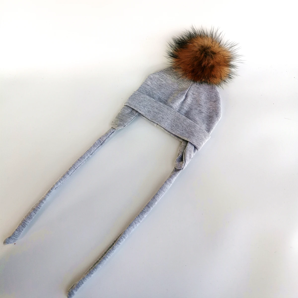 Newborn Baby hat for Boys Girls with ear Warmmer earflap rope Cotton Beanie natural real fur Pom Pom Bobble Hat Cap Hat for Kids