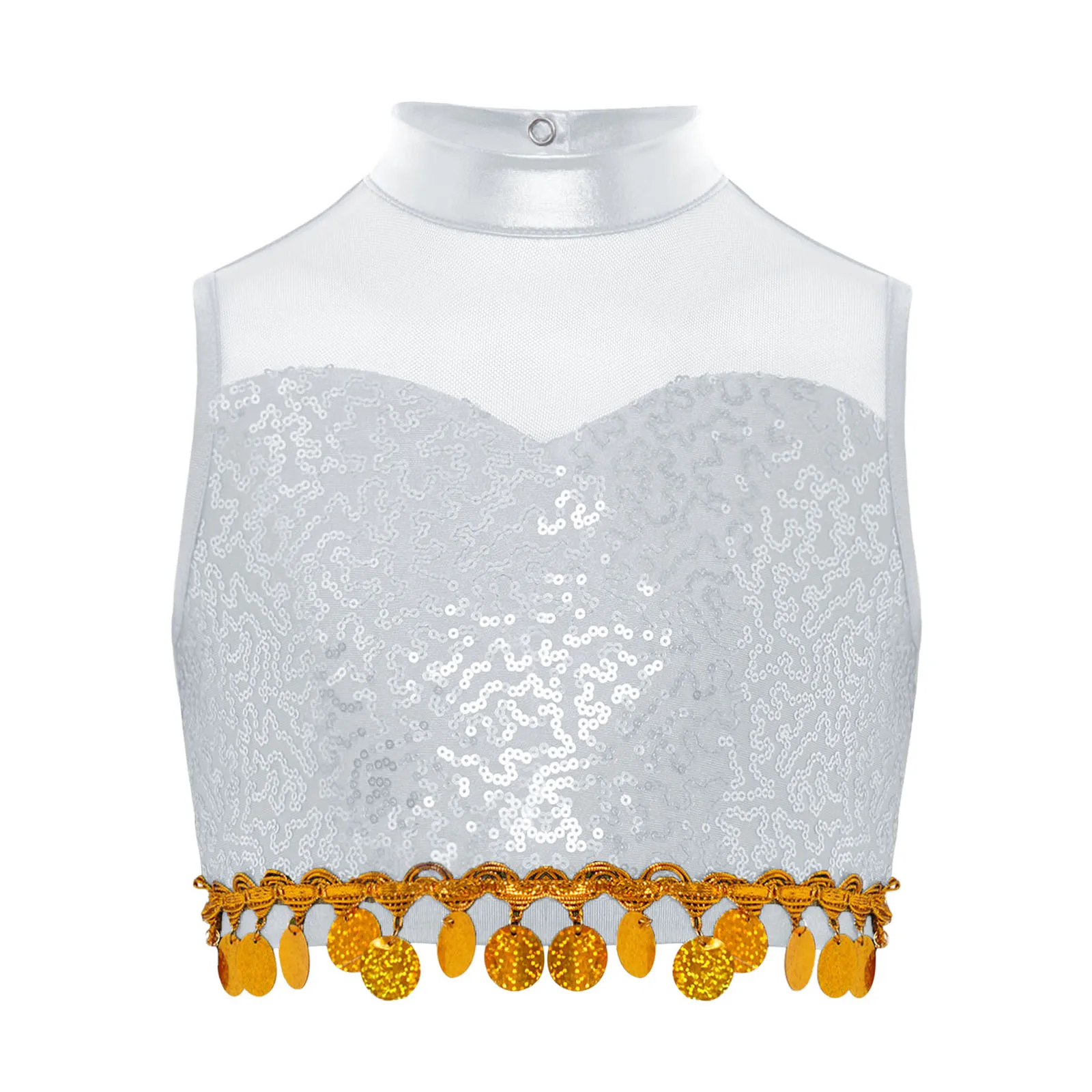 

Kids Girls Jazz Dance Crop Top Keyhole Back Sheer Mesh Patchwork Shiny Sequin Tops for Jazz Dance Performance Competition