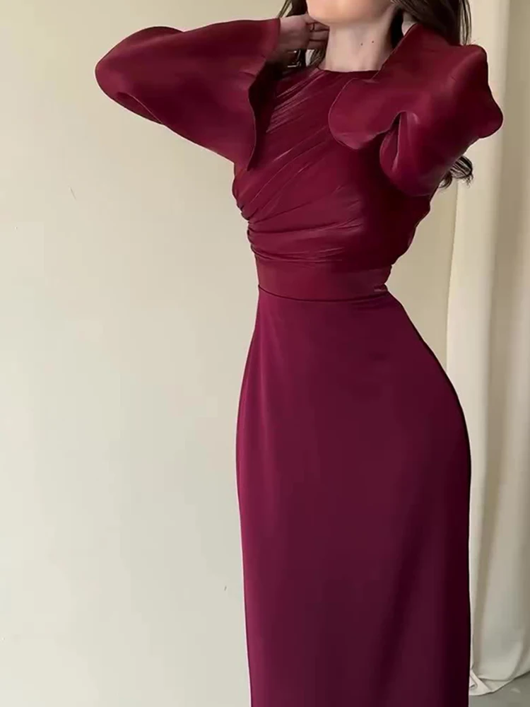 Fashion Women Satin Temperament Long Dress Sexy O-neck Long Sleeve Spliced Evening Dress Elegant Solid Color Slim Wrap Hip Dress