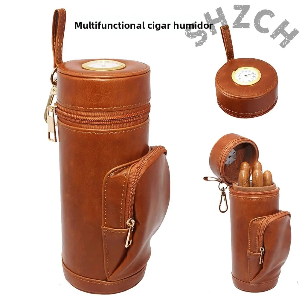 Ultra-convenient humidor, cedar wood lining, pack of 5 cigars, mechanical thermometer, cowhide, stone durable and non-fading