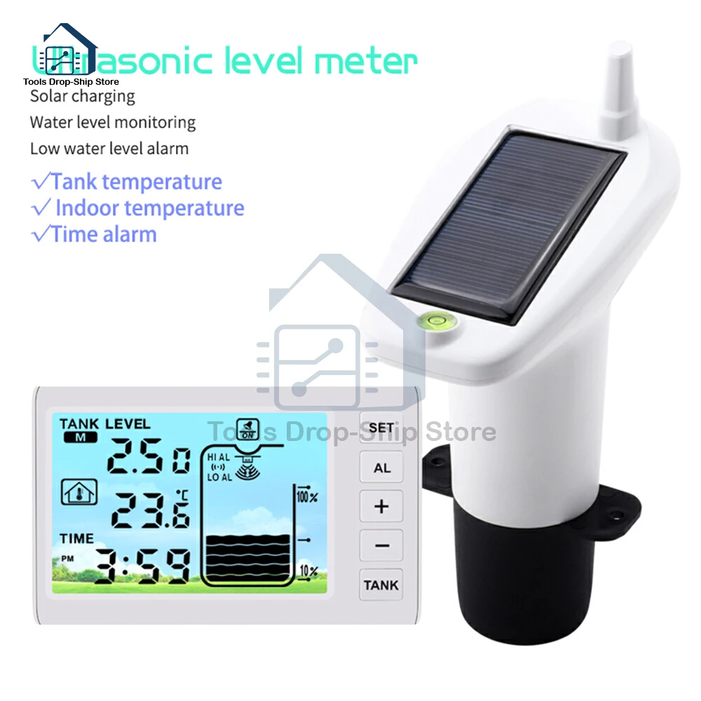 

Ultrasonic Level Guage Wireless LCD Display Indoor Water Tank Liquid Level Meter Temperature Height Monitor Alarm Clock Sensor