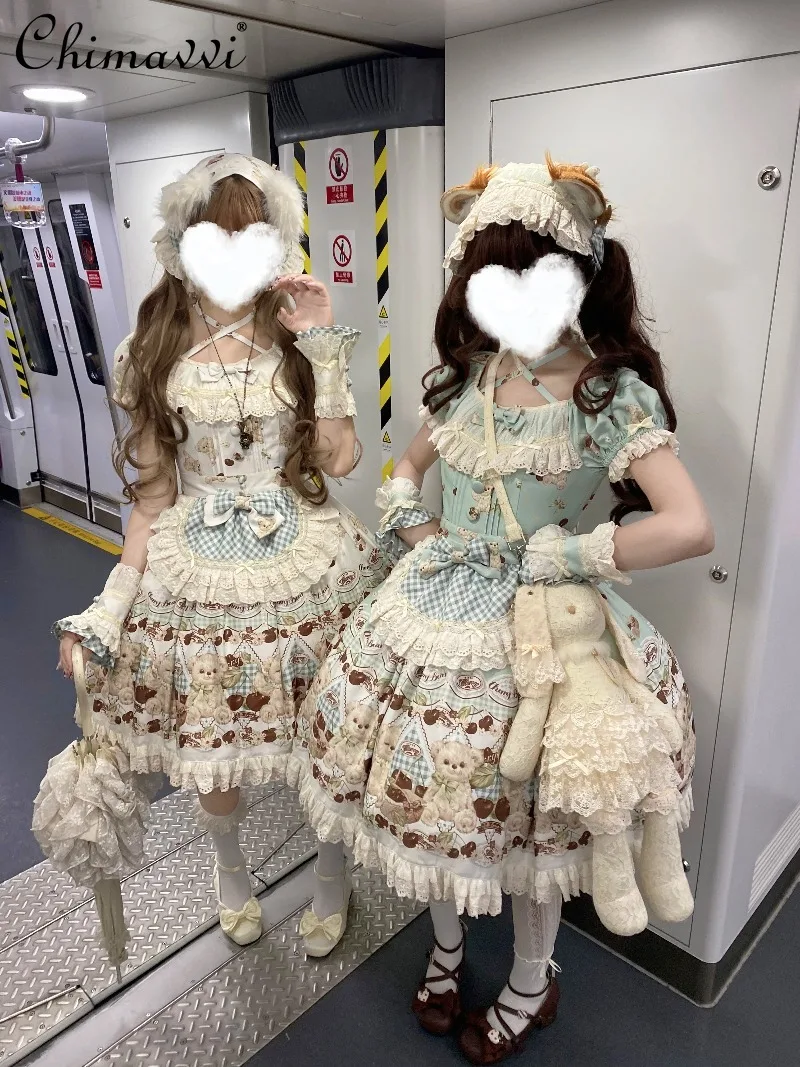 

Sweet Cartoon Print Lolita OP Dress 2025 Autumn New Cute Bow Girls High Waist Elegant Kawaii Princess Dresses for Women