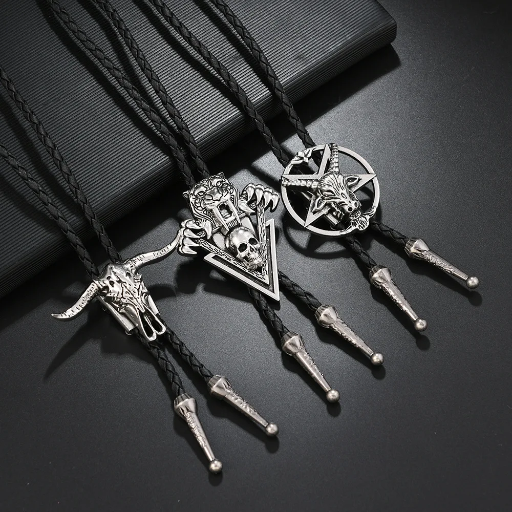 Stainless Steel Bolo Tie for Men Woman Cowboy Hat Cross Viking Runes Wolf Hammer Goat Skull Black Onyx Knight Leather Necktie