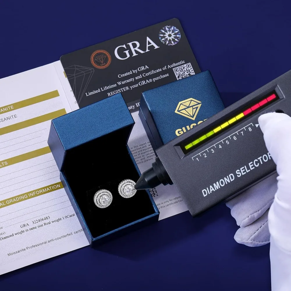 أقراط مويسانيتي مزدوجة على شكل هالة مع ظهر لولبي، فضة استرلينية مطلية بالذهب عيار 18 قيراط، أقراط مويسانيتي كبيرة للنساء #4