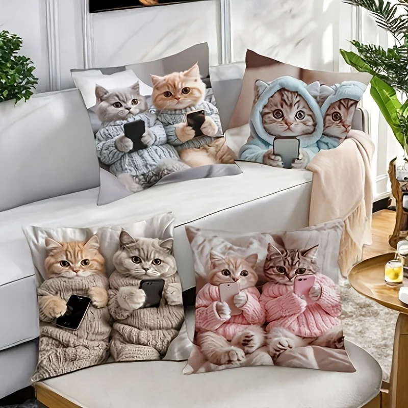 4 New Pillow Covers Featuring Cats Wearing Glasses Sitting Beside A Stack Of Books Some Reading And Others Looking