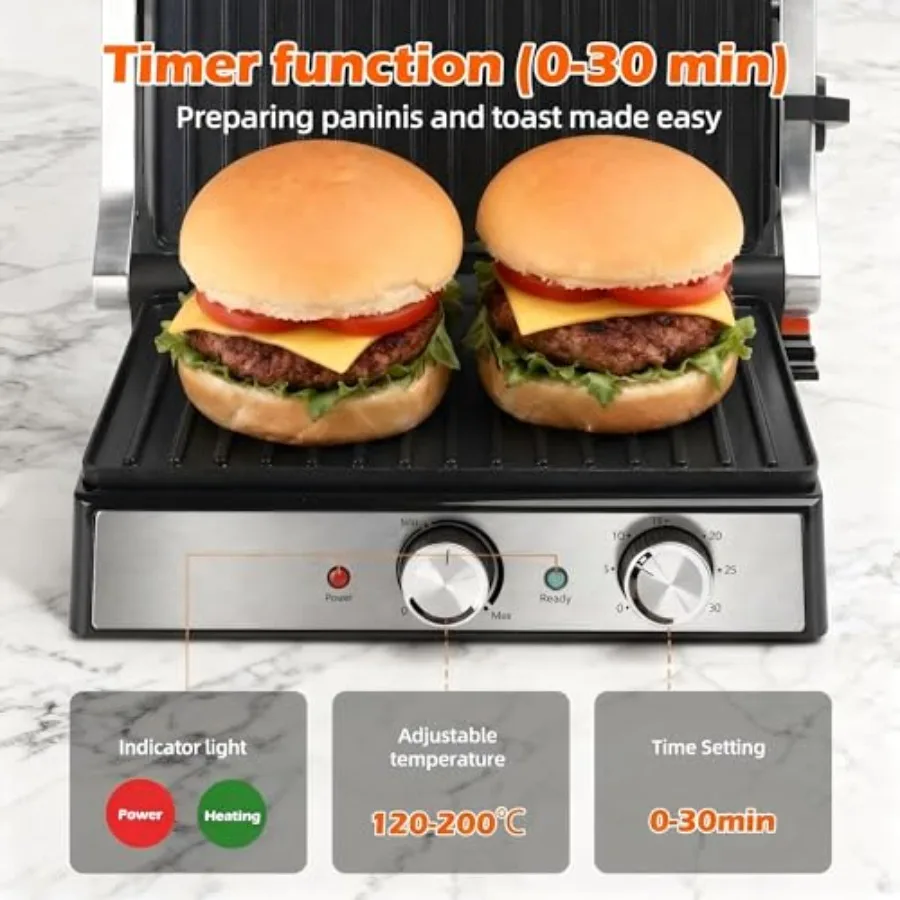 Panini Press Sandwich Maker with Temp Time Setting 4 Slice Large Non-stick Versatile Grill Press Opens 180 Degrees