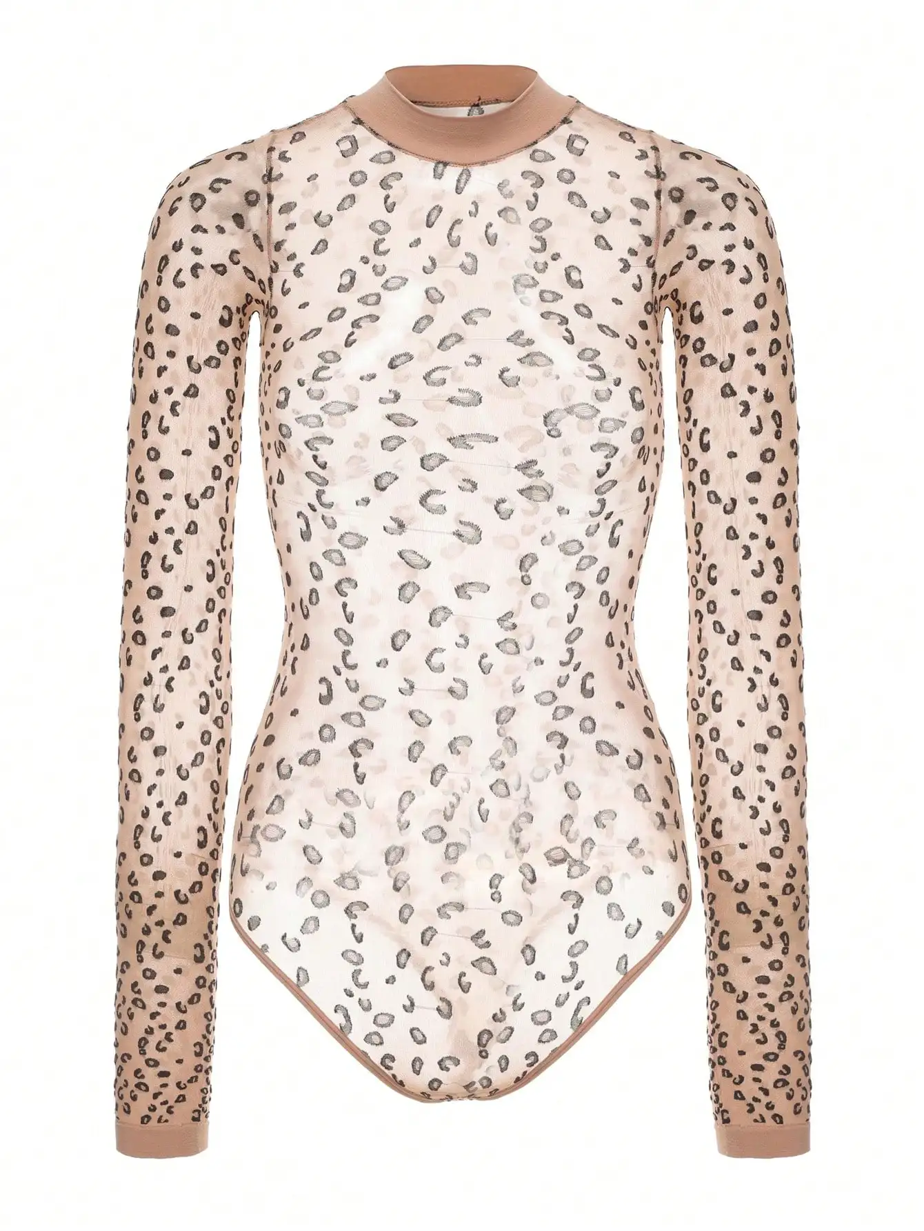 Women\'s Sexy Leopard Print Sheer Mesh Bodysuit with Hollow-Out Details High Elasticity Knit Fabric Polyamide Adult Bodycon