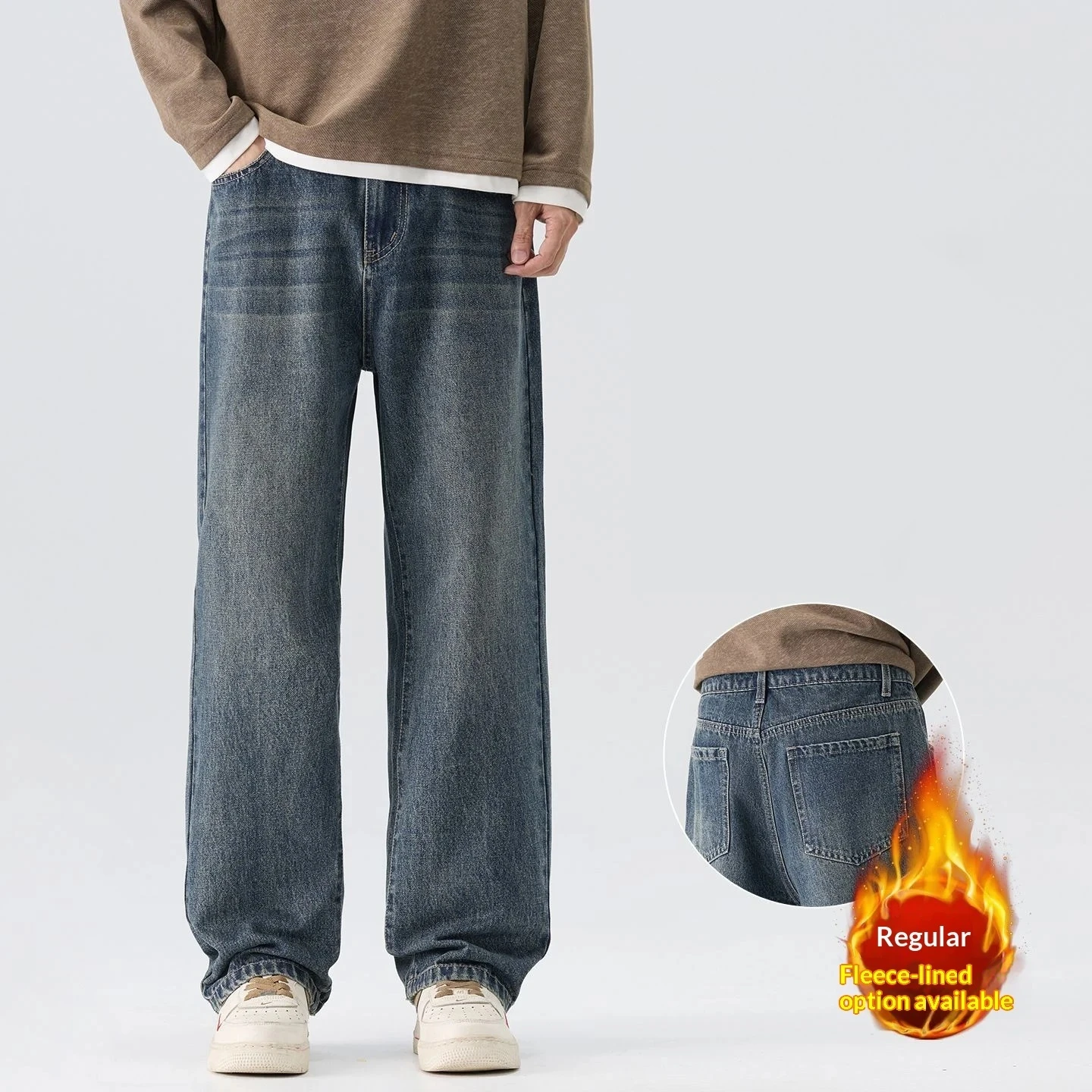Mens American Retro Washed Vintage Wide Leg Jeans Autumn Winter Loose Fit Casual Denim Trousers Streetwear Everyday Wear