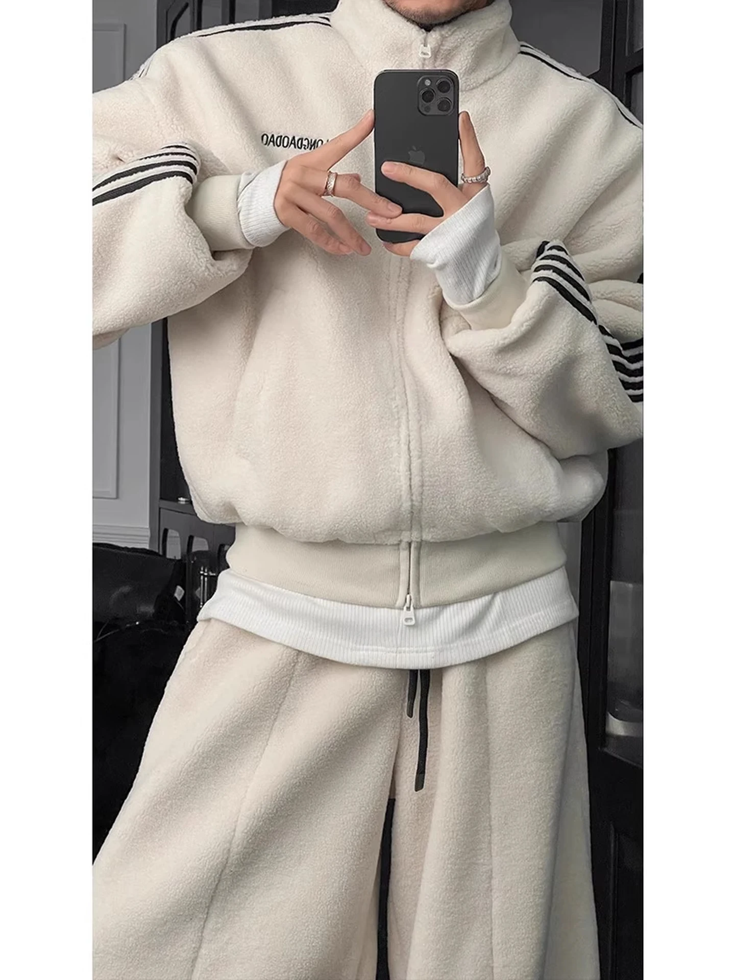 

American Retro Fce Lined Thiened Loose Fit Hoodie And Pants Couple Set Men's Winter Casual Sportswear Long Sve Sweats...