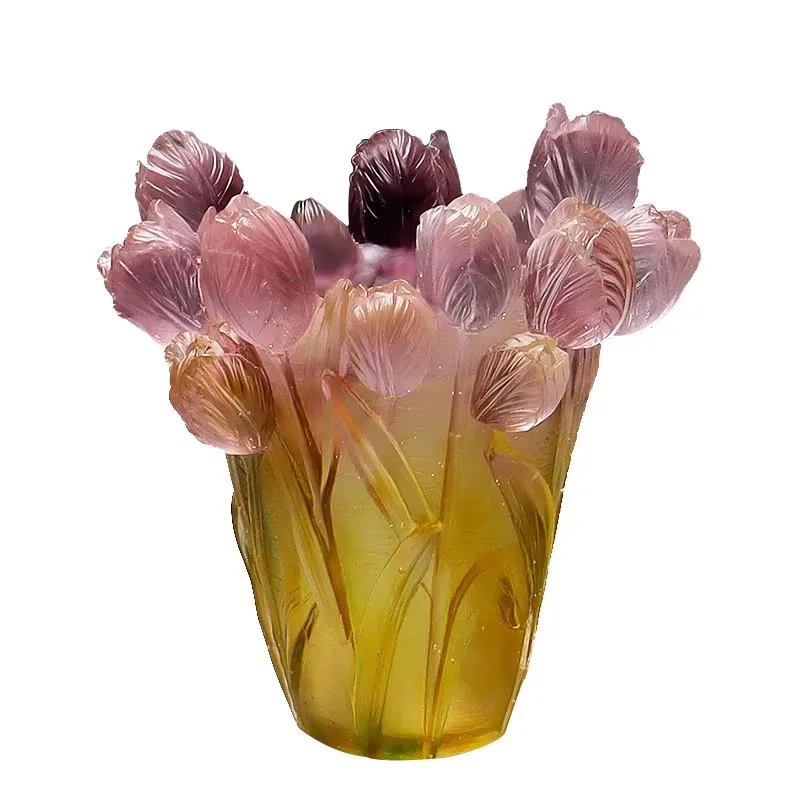 Luxury Real Crystal 3D Colored Glaze Tulip Vase Artificial Arrangement Flowers Girlfriend Engagement Decor Room Table Artworks