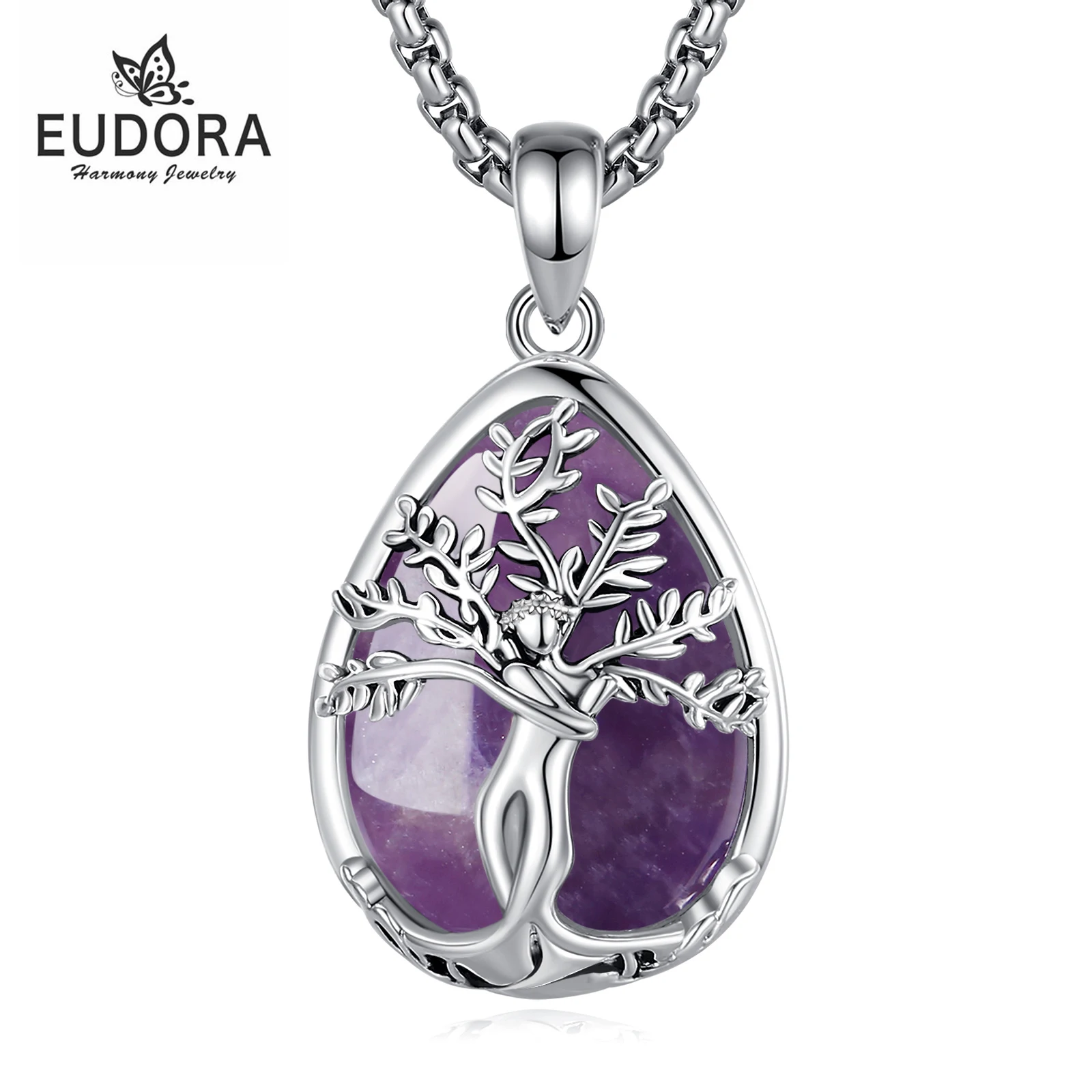 

Eudora Tree of Life Amethyst Necklace Goddess Healing Crystal Stone Pendant Spiritual Jewelry Holiday Gift for Women Mother
