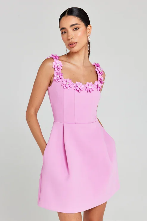 Pink Flower Appliques Sexy Bodycon Prom Bandage Ball Gown Dress Sleeveless Square Collar Celebrity Evening Cocktail Party  Dress