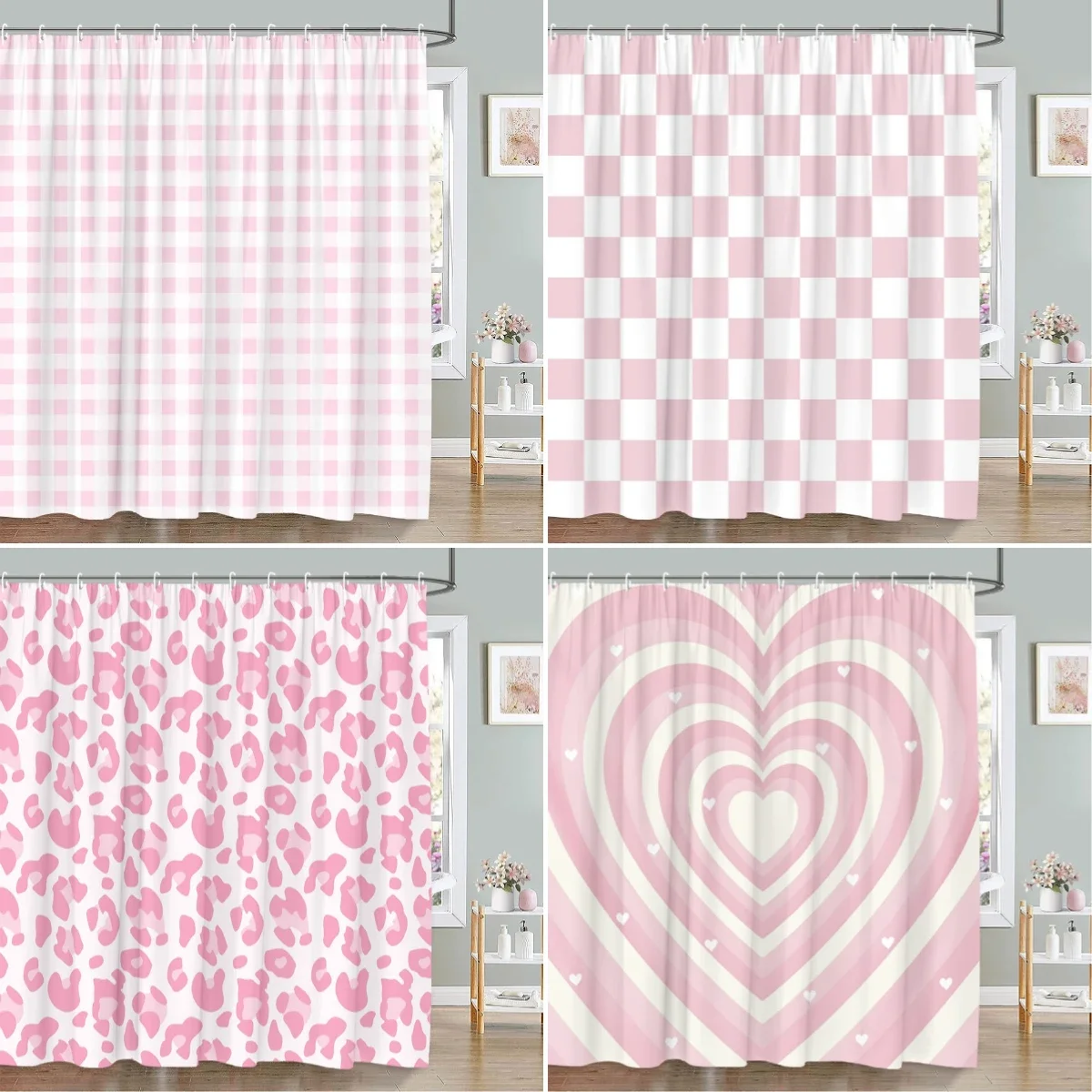 Pink Geometric Shower Curtain Minimalist Stripe Leopard Texture Creative Square Plaid Polyester Fabric Bathroom Decor Curtain