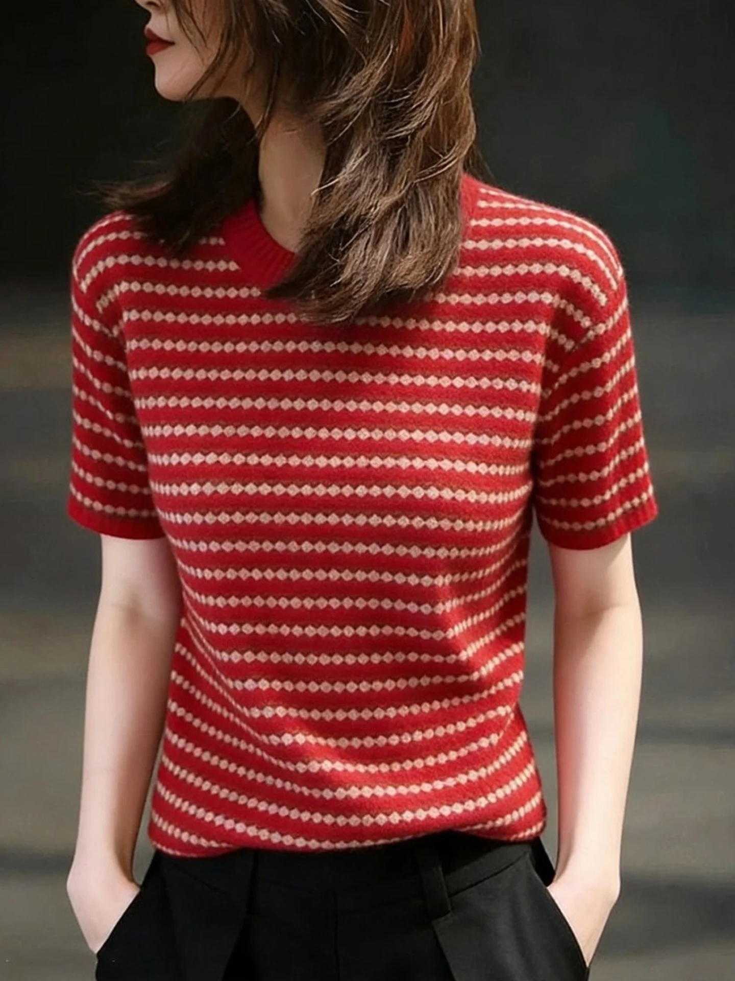 

Spring Knitted ort Sve T-irt Striped Color Blo Slim Fit Casual Sle Skin Friendly Faion Commuting Top for Women
