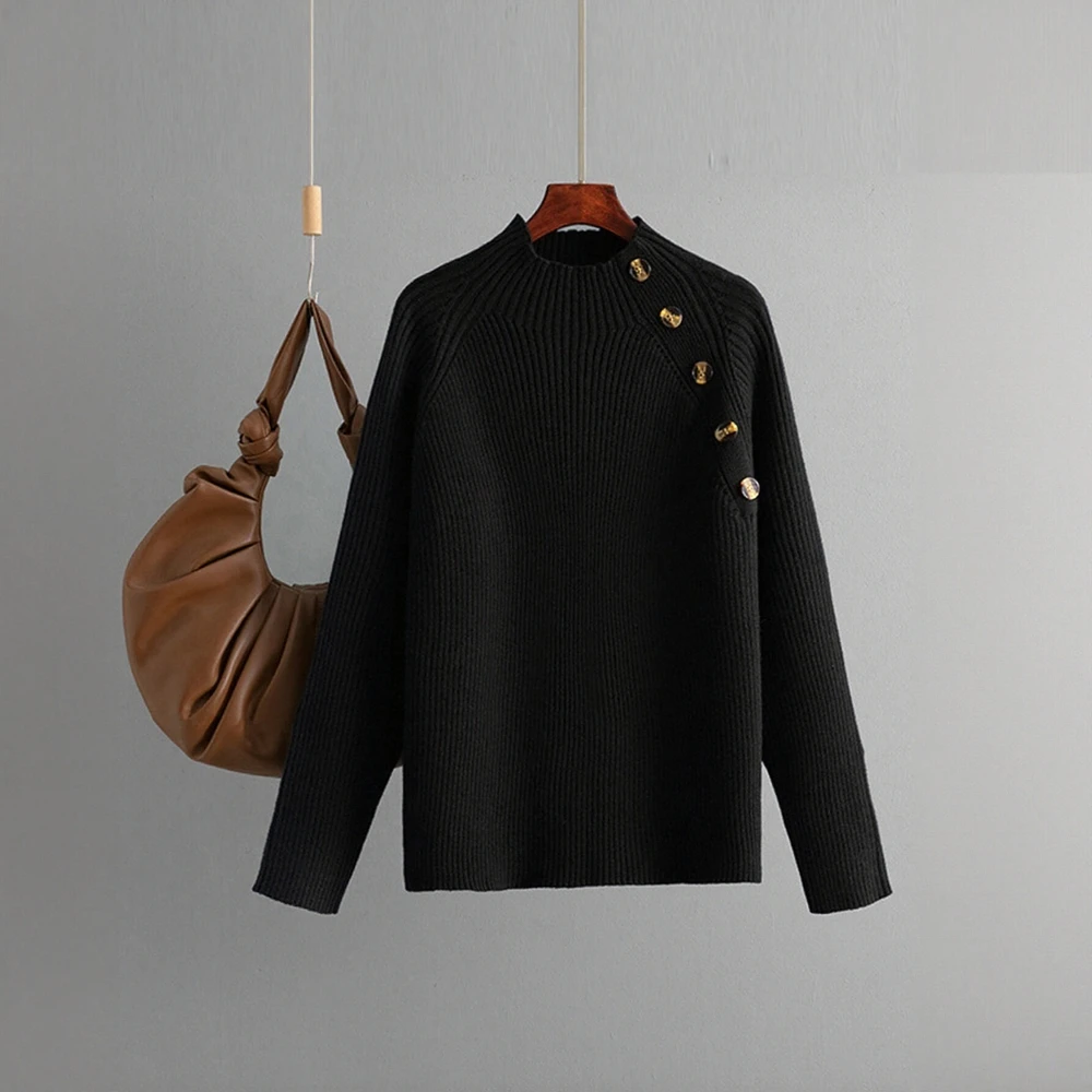 

Женский свитер большого размера, полуводолазка, однотонный дизайн на пуговицах, осенне-зимний топ для женщин