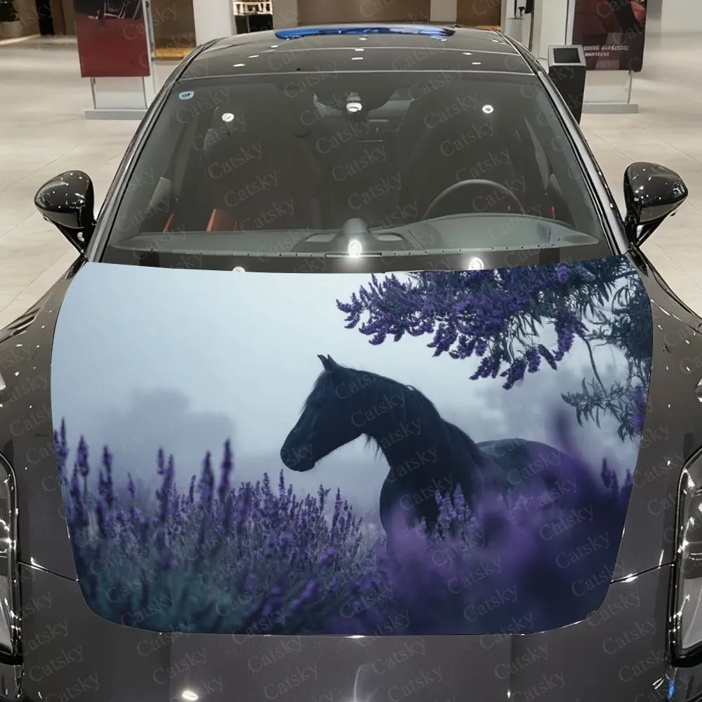 Lavender Field Black Horse Car Hood Stickers, Waterproof And Wear-resistant Decorative Stickers, Suitable For Various SUV Models