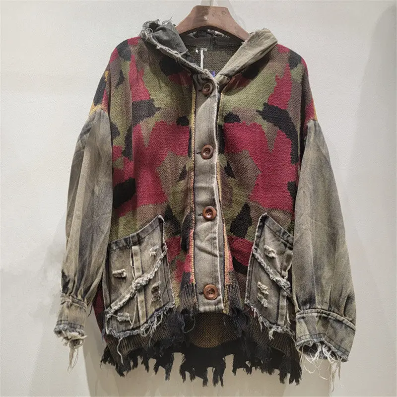 Post-Apocalyptic Fashion Wasteland Style Knitted Stitching Distressed Denim Hooded Cardigan Short Coat Women's Jacket