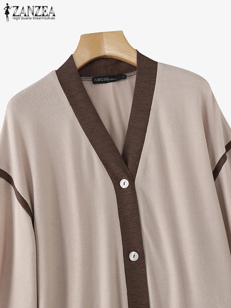 ZANZEA 2025 Musim Gugur Kemeja Korea Warna-warni Wanita Kerah V Kancing Cardigan Kasual Longgar Lengan Panjang Atasan Vintage Pakaian Luar Wanita