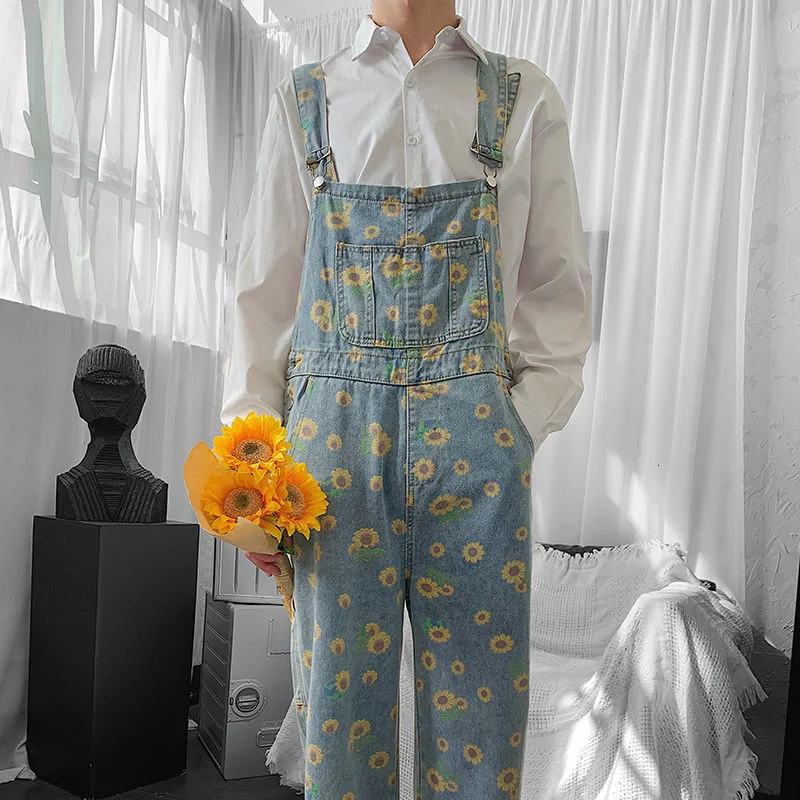 Daisy Little Printed Overalls Denim Trousers For Men And Women 2022 New Loose Casual Jeans Jumpsuit Vintage Streetwear Tide