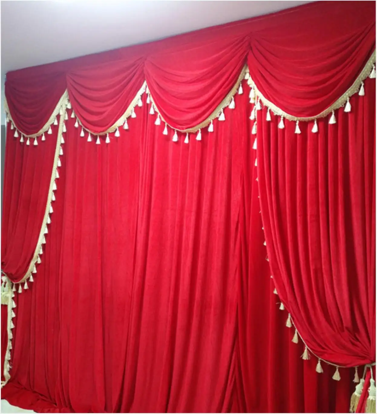 

New Style Stage Backdrop Curtain Velvet Burdgundy Back Curtain with top and two side Swag Wedding Decortaion Customade 3x6m