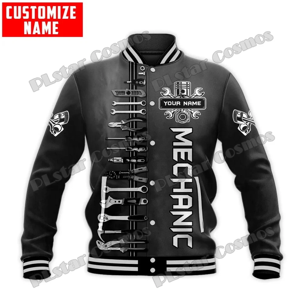 Jaqueta masculina de beisebol Varsity, nome personalizado, padrão mecânico, impresso em 3D, unisex, casual, inverno, moda, BQF06