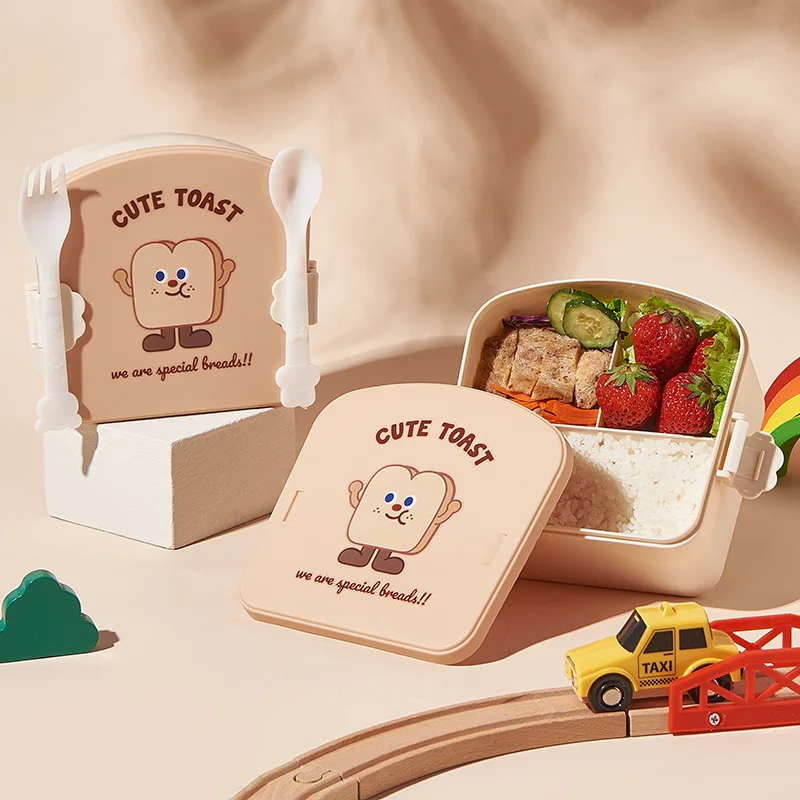 

Creative Square Toast Lunch Box Plastic Partition Bento Box with Lid Kids Lunch Box Snack Food Storage Container