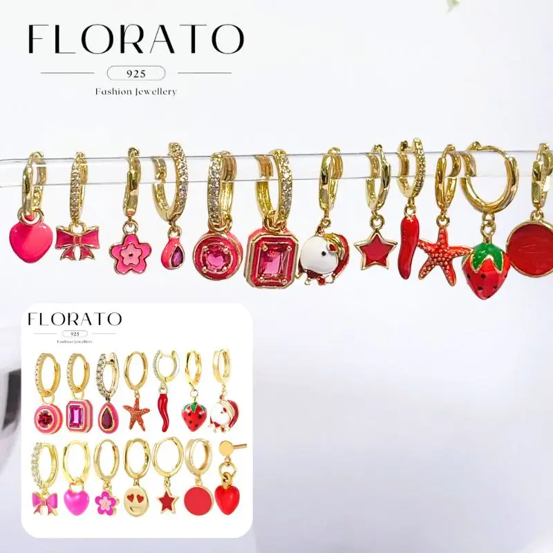 

925 Silver Needle Red star/heart/flower/rectangular Pendant Hoop Earrings Cute Micro-paved Zircon Earrings Fashion Party Jewelry