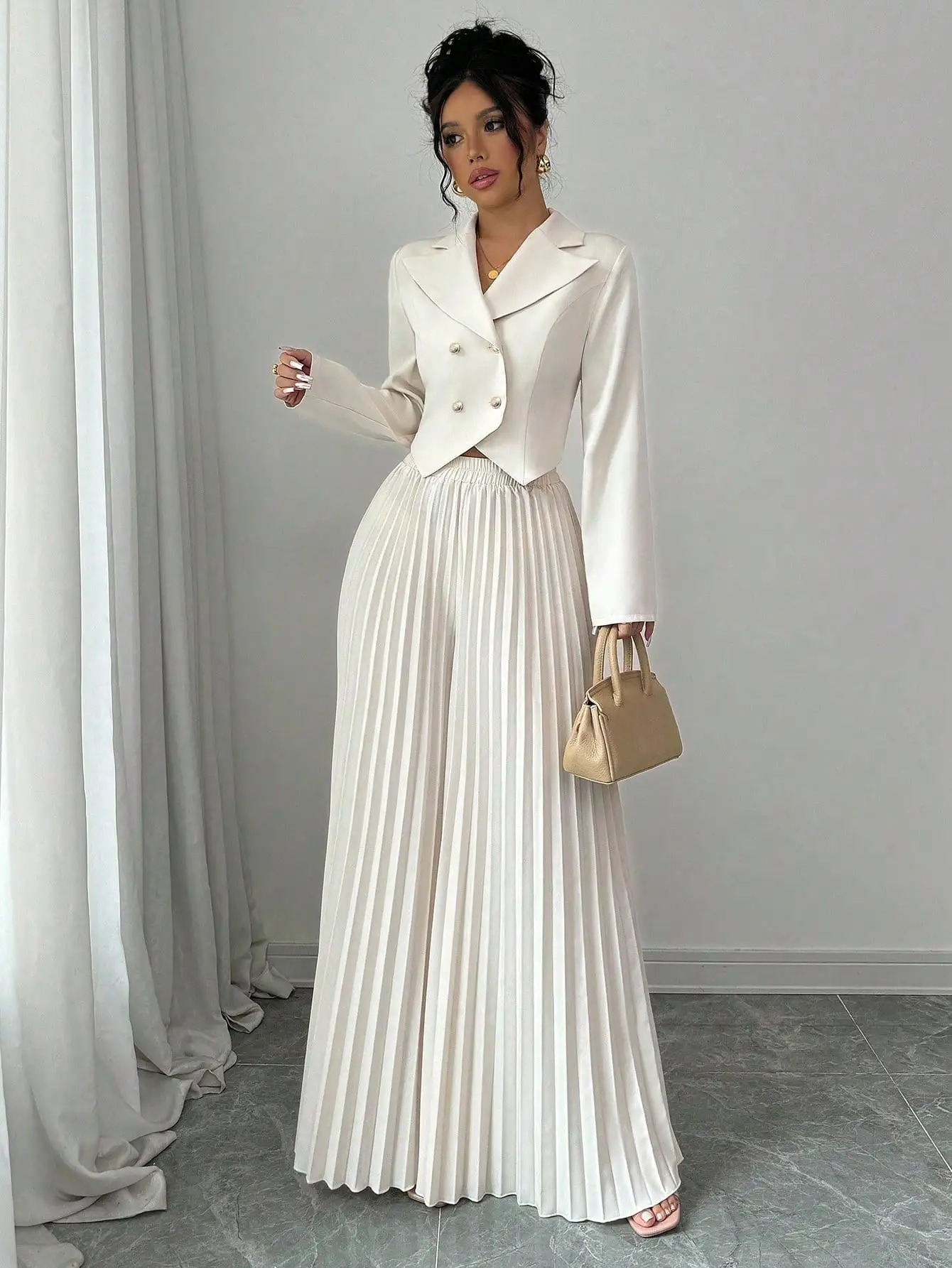 

2-Piece Women's Set: Cropped Blazer with Double Buttons & Asymmetrical Pleated Maxi Skirt