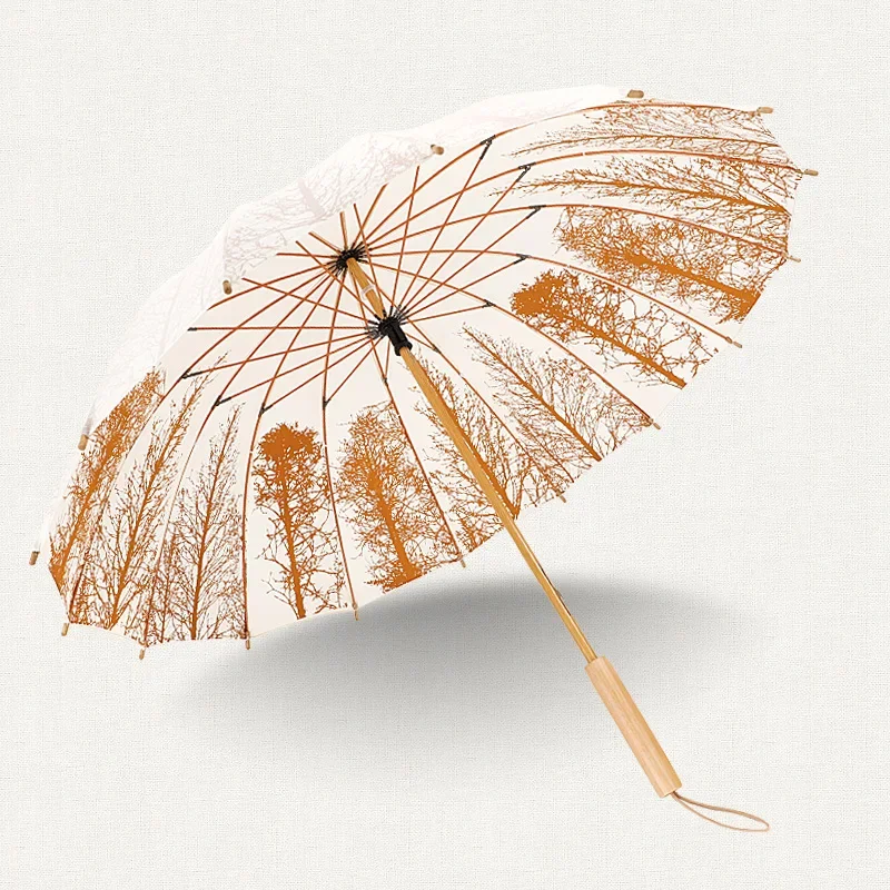 Chinese Style Artistic Retro Women's Wooden Handle Straight Pole Umbrella Umbrella Dual-Use Sun Protection Sun Umbrella Men's