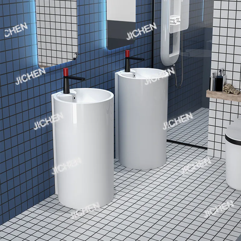 Lavabo de columna de cerámica Simple de una sola pieza, baño, piscina pequeña Vertical para lavar a mano, cara integrada de suelo a techo con balcón