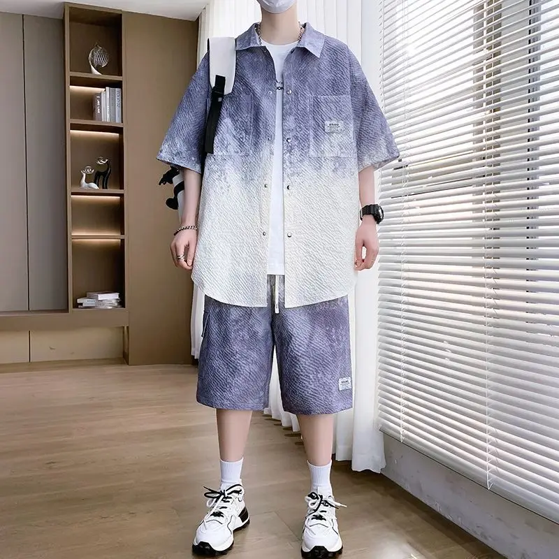 

​Summer Youth Casual 2 Piece Set Short Sleeve Shirt Shorts Outfit For Men Trendy Streetwear​
