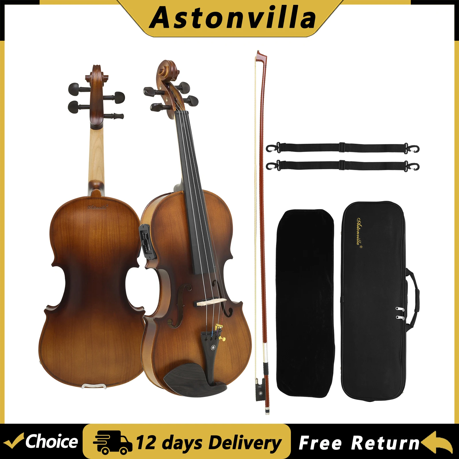 Astonvilla AV-E320 4/4 EQ Violin Acoustic + Electronic Dual Mode Built-in Pickup System Matte Antique Fiddle with Bow Case