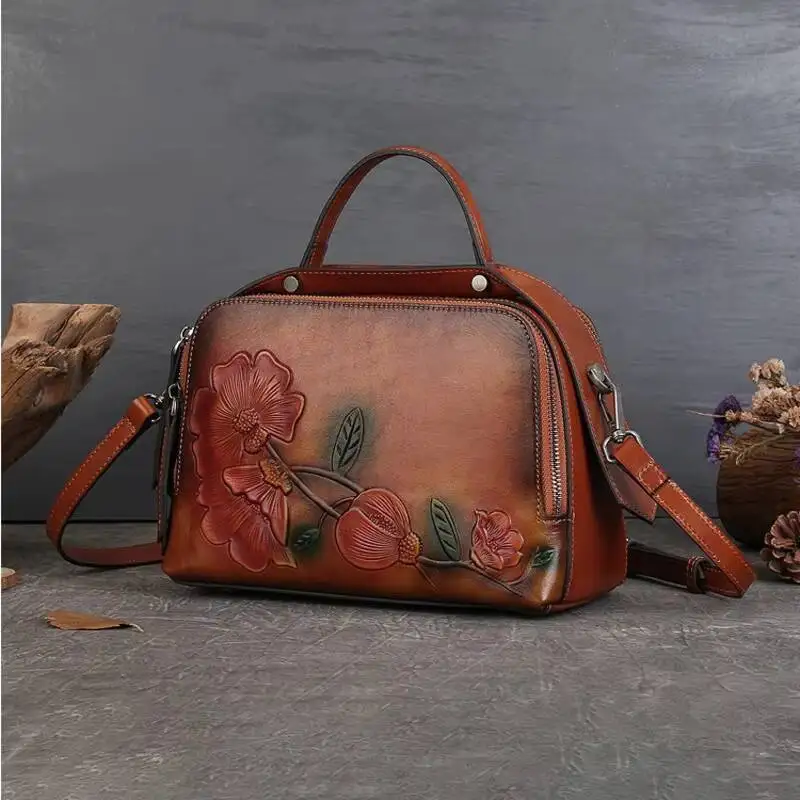 Vintage Top Grain Leather Pillow Bag Embossed Handmade Women's Luxury Designer Shoulder Bag Brown/Red/Coffee/Green MOTAORA