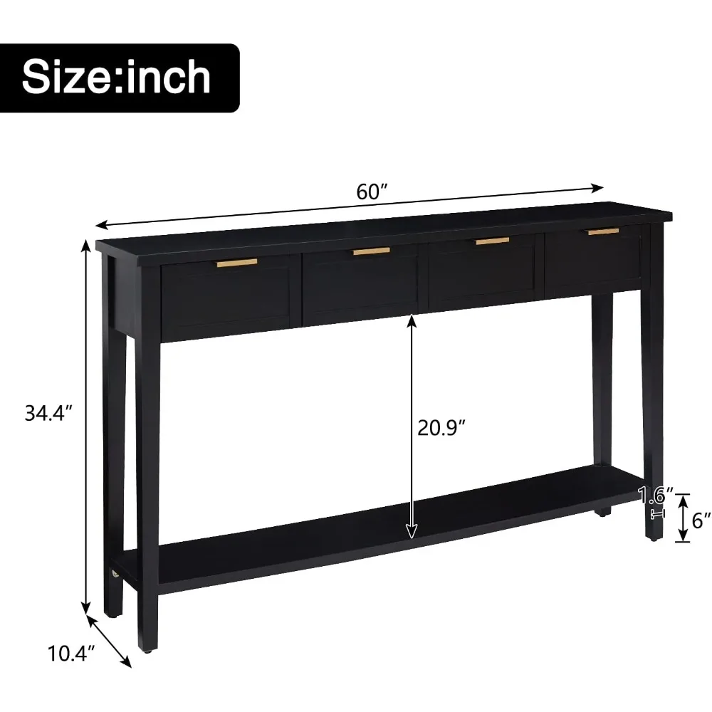 60” Long Black Console Table with 4 Drawers, 2-Tier Foyer Cabinet, Narrow Entryway Table with Storage Shelf