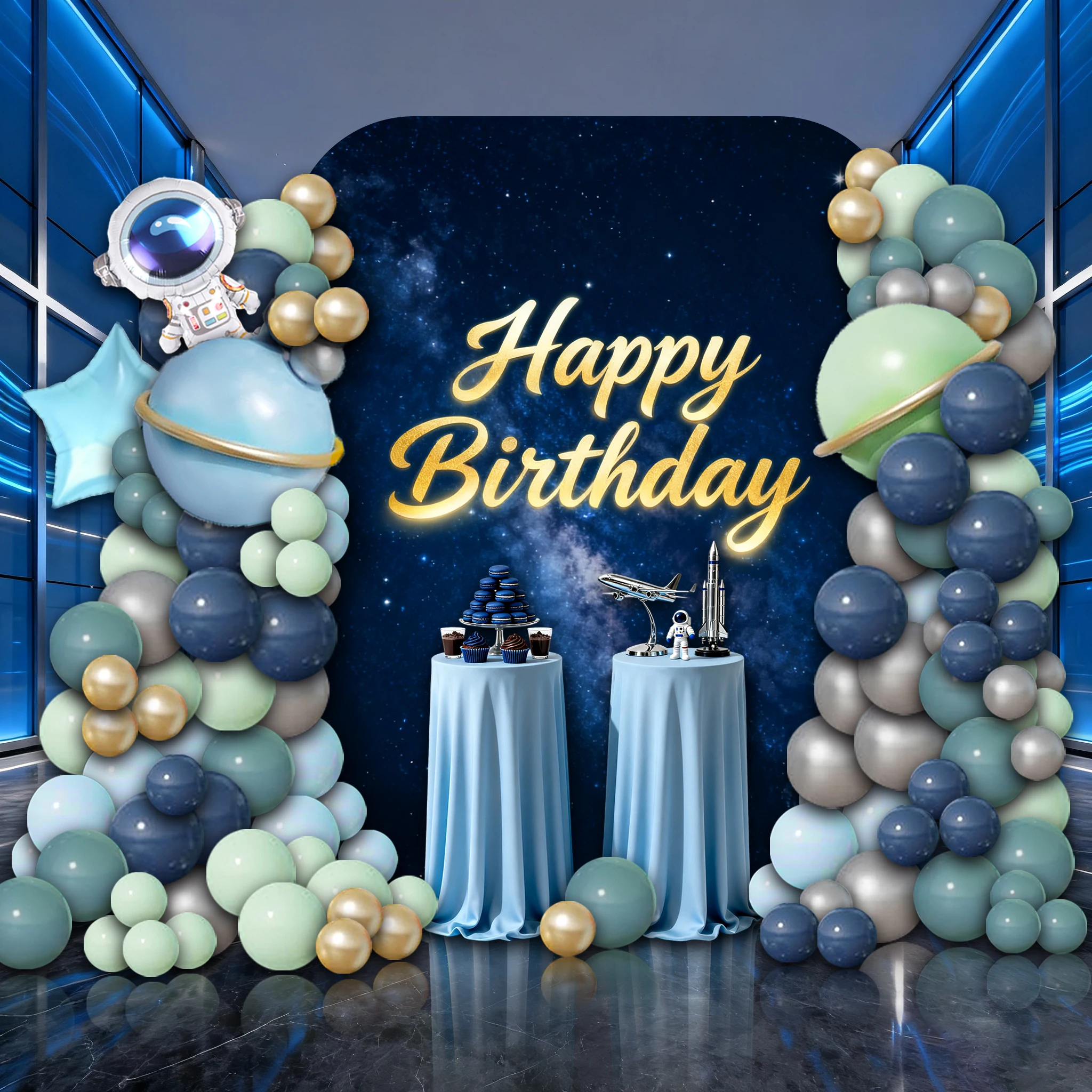 Ballonbogen-Set mit Weltraummotiv, 115-teilige Mini-Astronauten-Pentagramme, gepaart mit blauen, grünen und silbernen Ballons, perfekt für Geburtstagsfeiern, Babypartys, Abschlussfeiern, Partydekorationen