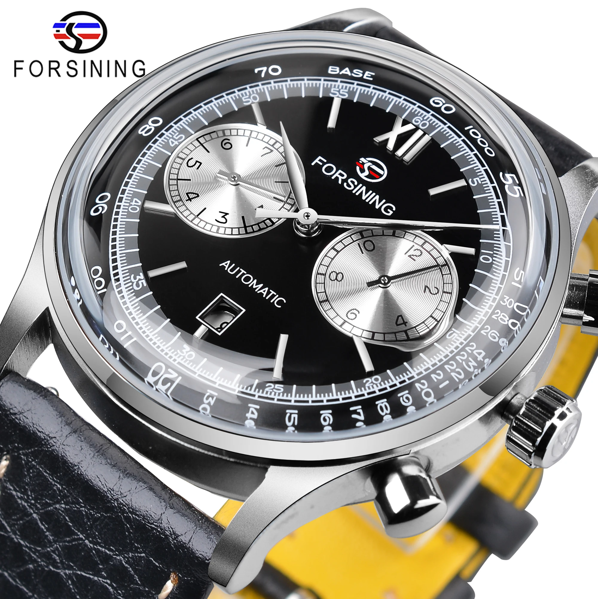 Forsining Top Luxury Brand Men Mechanical Watches Silver Black Concave Glass Date Two Dial Fashion ShangHai Automatical Movement