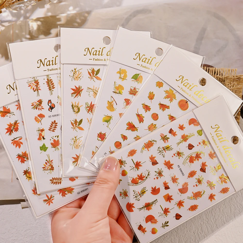 1Pc 3D Maple Leaves Nail Stickers Autumn Design Fall Leaf Adhesive Decals Maple Leaf Pumpkin DIY Sliders Manicure Decoration