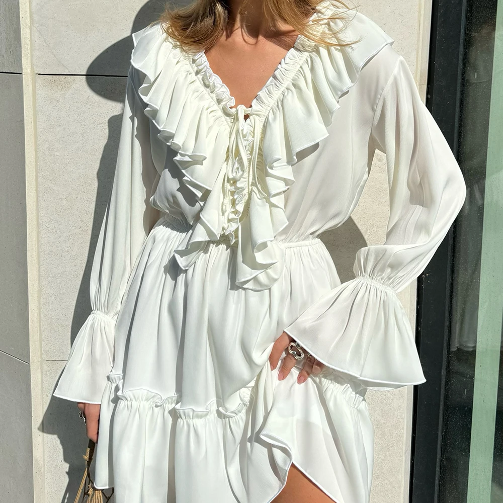 

Women's New Slim V Neck Lace Up Summer Mini Dress Elegant Patchwork Long Sleeve Dress White Ruffle Bandage Mini Dress