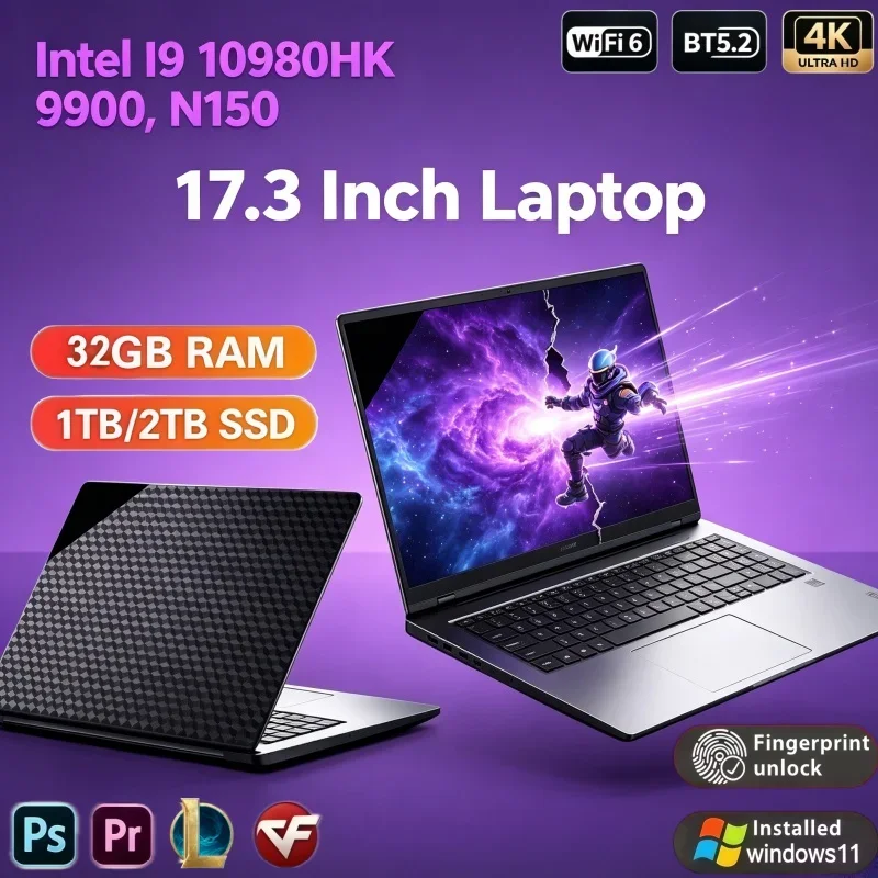 17.3 Inch Intel Core I9‑10980HK I9‑9900 N150 Windows11 32GB RAM 2TB SSD Fingerprint Unlock WIFI6 For Office Study Home Daily Use
