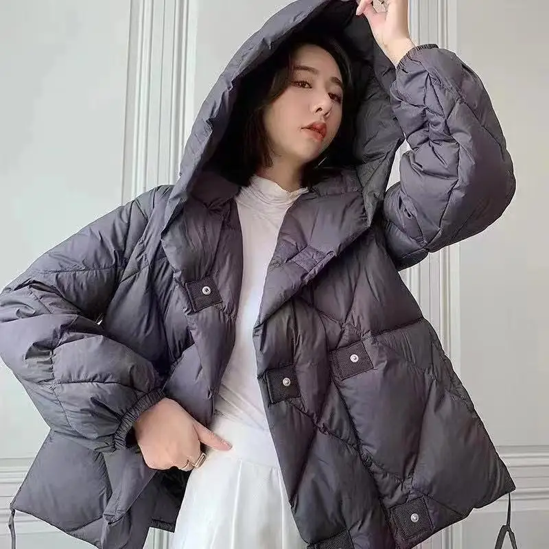 Winter Hooded 90% White Duck Down Short Jacket Diamond Puffer Coat Women Irregular Drawcord Hem Down Coat One Button Outwear