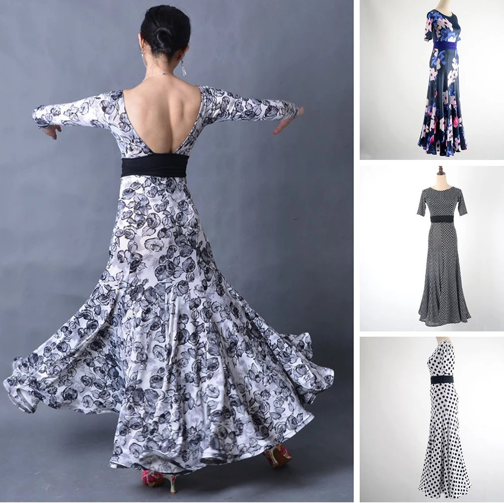 Abito da ballo da sala bianco Torneo Abiti da competizione standard senza schienale con stampa leopardata nera Tango girocollo maniche corte