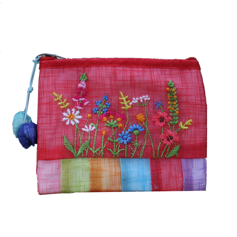 Korean Sle Embroidered  Stripe Small Change Purse Bamboo Fiber Fabric Travel Souvenir Gift Bag Eth Features