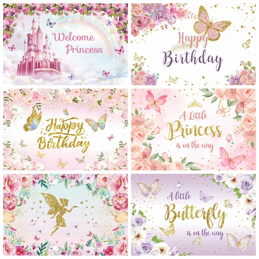 

Cartoon Butterfly Photography Backdrop Flower Floral Castle Girls First Birthday Party Decor Baby Shower Background Photo Studio