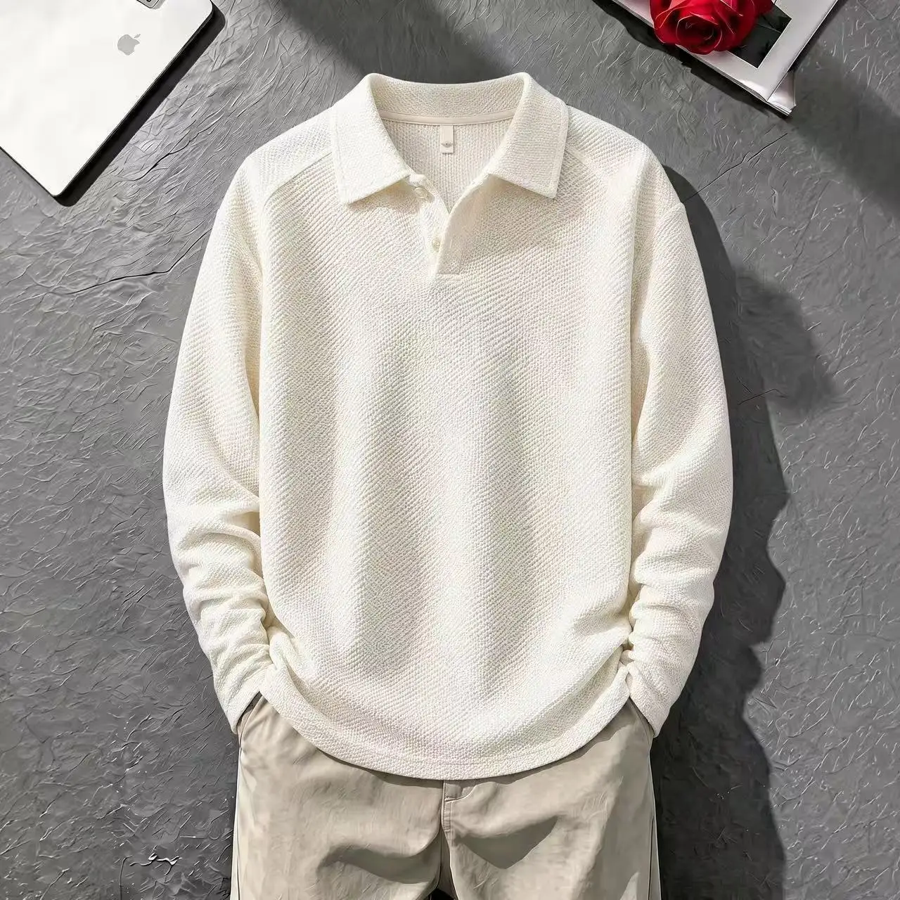 Men's Breathable Long Sleeve  Shirt Autumn Sea Gull Collar Base Shirt Dragon Scale Pattern Youthful Polyester Fiber