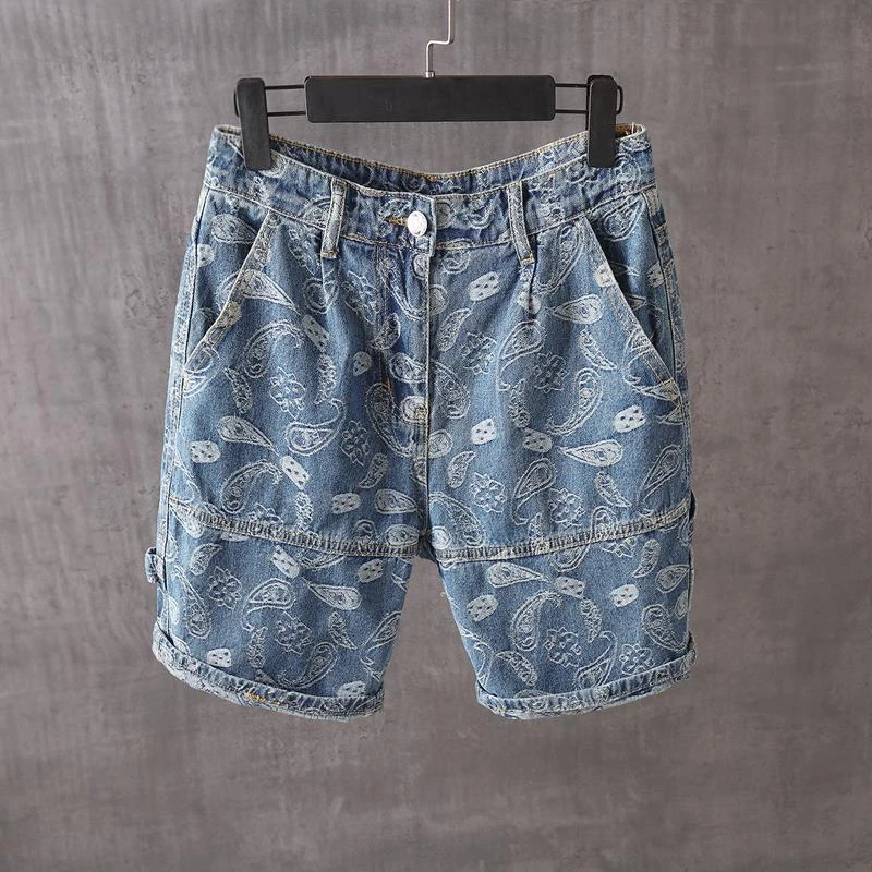 Men\'s Short Jeans Pants with Pockets Male Denim Shorts Blue Cargo Graphic Rude Harajuku Summer Wide Streetwear Buttons Jorts Cut