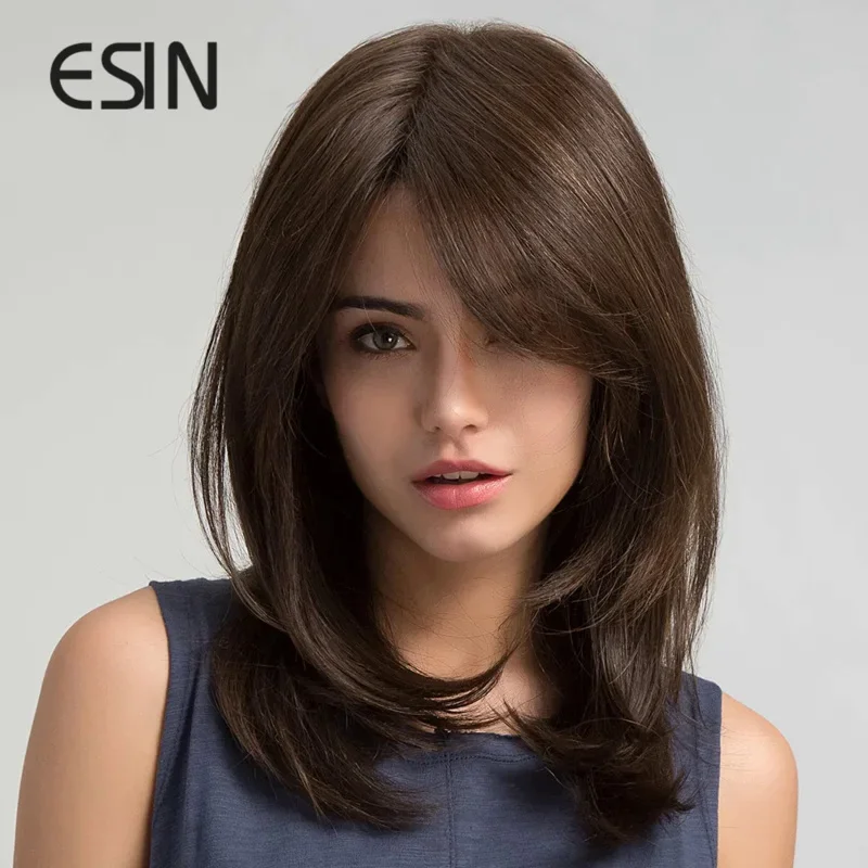 A ESIN Synthetic Dark Brown Wig Long Wave Wigs for Women Hair Wig With Bangs Heat Resistant Party Daily Natural Use