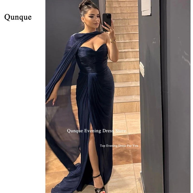 

Qunque Modern Navy Blue Prom Dresses With Cape Sleeve Chiffon Formal Evening Gown Leg Slit Bespoke Occasion Dresses Customized