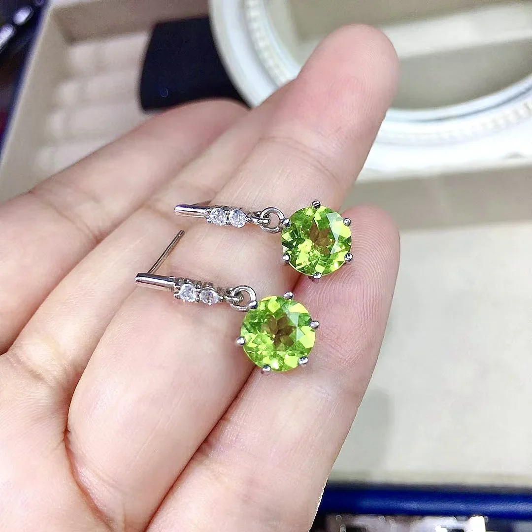 Simple Peridot Silver Drop Earrings 100% Natural  Perdiot Earrings Round Cut 8mm Solid 925 Silver Peridot Jewelry Gift for Woman